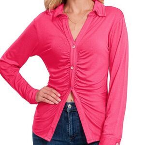 Zenana Ruched Button up Top Fuchsia- Large Comfy Business Casual Fun Boho- New